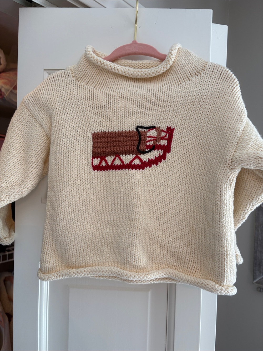 Cream Knit Baby Sweater with Red and Brown Sled Intarsia - 18m
